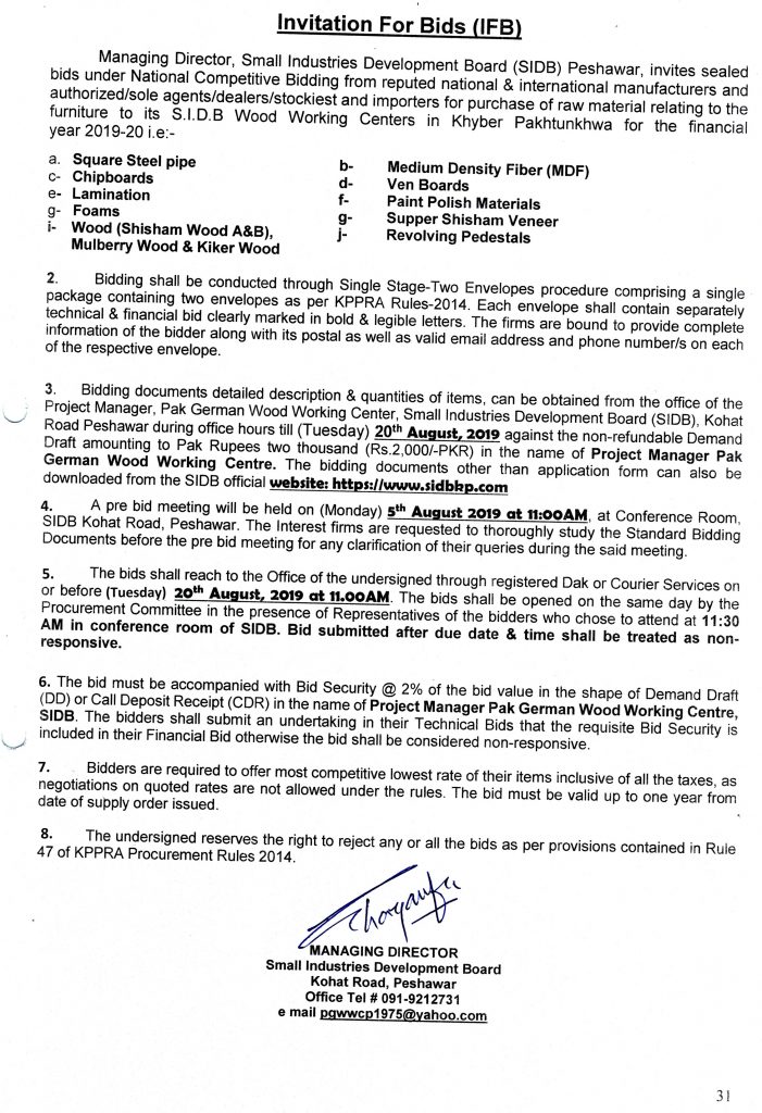 Invitation for Bids (IFB), (Closing date: 20-08-2019)