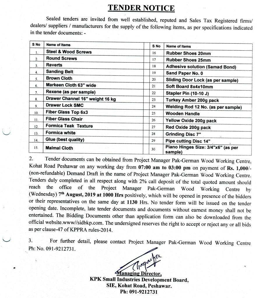 TENDER NOTICE (Closing date: 07-08-2019)