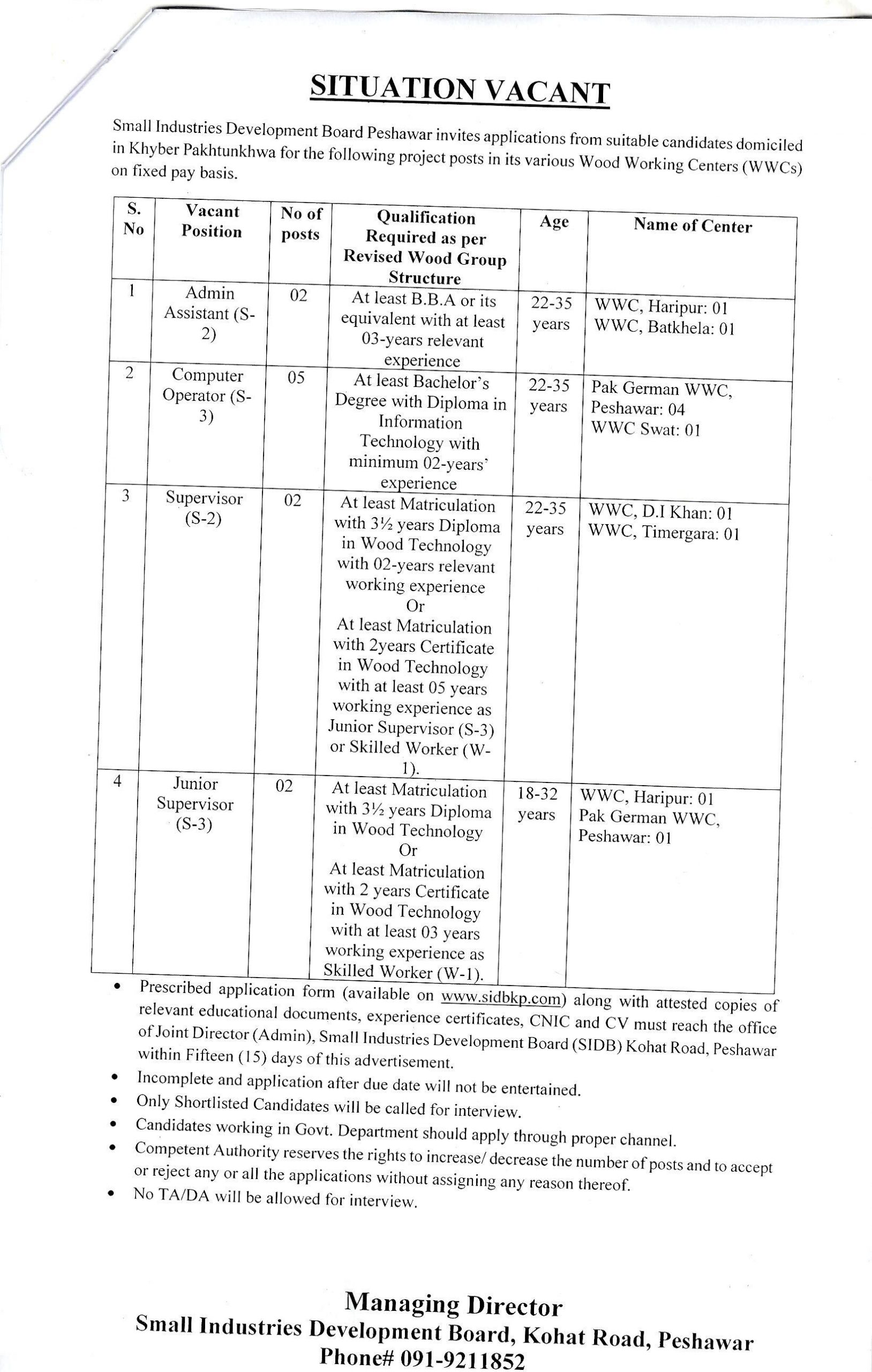 Vacancies Announcement in SIDB Wood Working Centers (WWCs),