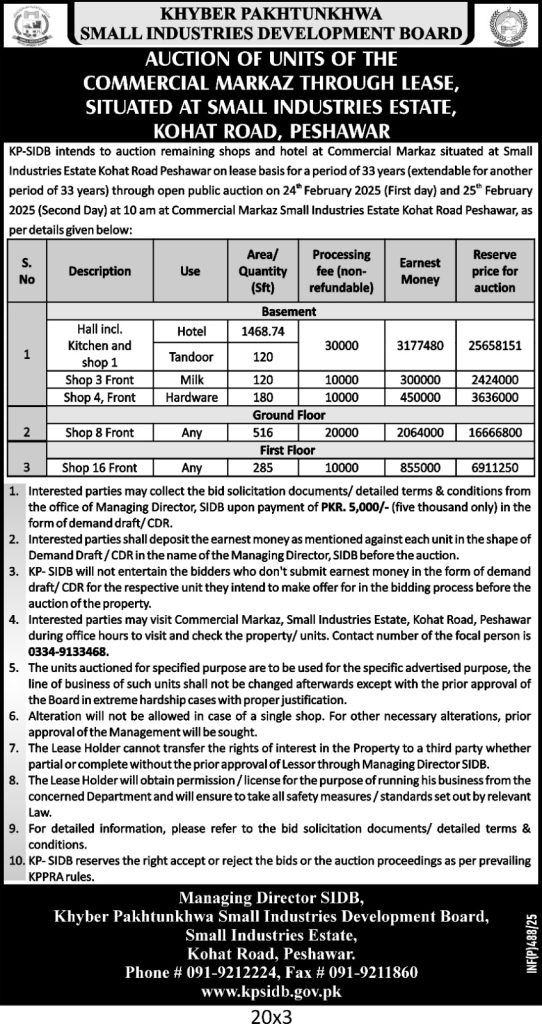 AUCTION OF UNITS OF THE COMMERCIAL MARKAZ THROUGH LEASE SITUATED AT SMALL INDUSTRIES ESTATE KHOAT ROAD PESHAWAR
